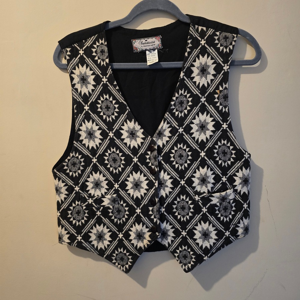 Vintage 90s Sophisticates Vest Womens Medium Black White Tapestry Sunburst Boho